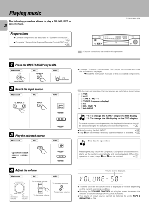 Page 2222
C-V351/C-V301 (EN)
AV CONTROL CERTER KC-2
1
2
INPUT
4
VOLUME CONTROL
DOWN
UP
ON/STANDBY
3
ENTER
ENTER
VOLUME
C D
CD
ENTER
ENTER
ON/STANDBY
Playing music
The following procedure allows to play a CD, MD, DVD or
cassette tape.
Preparations
ÖConnect components as described in ÒSystem connectionÓ.5ÖComplete ÒSetup of the Graphical Remote Control (GRC) unitÓ.!
: Keys or controls to be used in this operation
Press the ON/STANDBY key to ON.
Select the input source.
Play the selected source.
Operation on each...