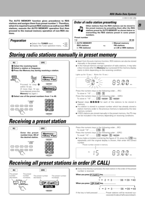 Page 2929
C-V351/C-V301 (EN)
When you press P.Call P.Call key,.......................
When you press 
P.Call key,......................
Receiving all preset stations in order (P. CALL)
Receiving a preset station
Memory
ENTER
ENTER
ENTER
ENTER
01ch
P.Call
ENTER
123
456
789
0+10
123
456
789
0+10
Memory /
10key Pad
Memory /
10key Pad
ENTER
RDS (Radio Data System)
The AUTO MEMORY function gives precedence to RDS
stations and assigns them from preset number 1. Therefore,
when it is required to preset RDS stations as...