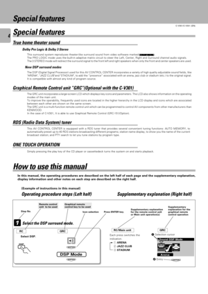 Page 44
C-V351/C-V301 (EN)
The GRC unit incorporates a large-screen LCD which displays key icons and parameters. The LCD also shows information on the operating
modes of the main unit.
To improve the operability, frequently used icons are located in the higher hierarchy in the LCD display and icons which are associated
between each other are shown on the same screen.
The GRC unit is a multi-function remote control unit which can be programmed to control AV components from other manufacturers than
KENWOOD.
In...