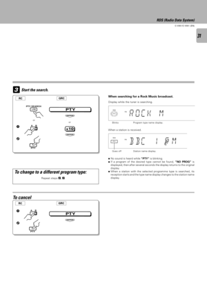 Page 3131
C-V351/C-V301 (EN)
3
PTY
ENTER
ENTER
+10
PTY
ENTER
RDS (Radio Data System)
Start the search.
or
To change to a different program type:
Repeat steps 2, 3.
When searching for a Rock Music broadcast.
ÖNo sound is heard while ÒPTYÓ is blinking.
ÖIf a program of the desired type cannot be found, ÒNO PROGÓ is
displayed, then after several seconds the display returns to the original
display.
ÖWhen a station with the selected programme type is searched, its
reception starts and the type name display changes...