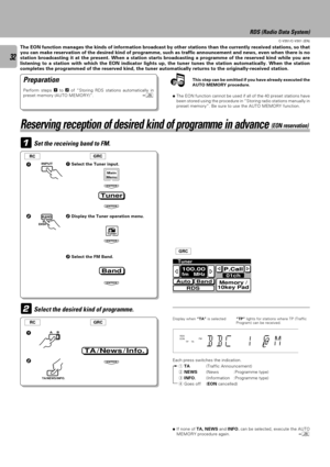 Page 3232
C-V351/C-V301 (EN)
1
2
ENTER
TA /News / Info.
ENTER
Tuner
ENTER
Tuner
ENTER
ENTER
Band
Tuner
Memory /
10key PadAutoBand
RDS
01ch
100.00fm   MHzP.Call
RDS (Radio Data System)
The EON function manages the kinds of information broadcast by other stations than the currently received stations, so that
you can make reservation of the desired kind of programme, such as traffic announcement and news, even when there is no
station broadcasting it at the present. When a station starts broadcasting a programme...