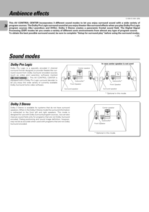 Page 3434
C-V351/C-V301 (EN)
TV
* Optional in this mode.* Optional in this mode.
Dolby Pro Logic
Dolby Pro Logic is a specially encoded 2 channel
surround format designed to provide theater-like sur-
round sound from Dolby Surround encoded sources
(such as video and Laserdisc software marked
 ). This AV CONTROL CENTER is
equipped with a Dolby Pro Logic surround decoder to
let you enjoy the wide variety of currently available
Dolby Surround home video software.
Dolby 3 Stereo
Ambience effects
This AV CONTROL...