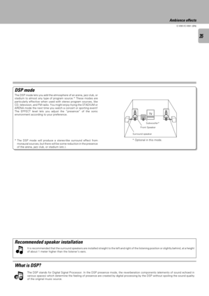 Page 3535
C-V351/C-V301 (EN)
TV
What is DSP?
The DSP stands for Digital Signal Processor. In the DSP presence mode, the reverberation components (elements of sound echoed in
various spaces) which determine the feeling of presence are created by digital processing by the DSP without spoiling the sound quality
of the original music source.
Note Note
Recommended speaker installation
It is recommended that the surround speakers are installed straight to the left and right of the listening position or slightly...