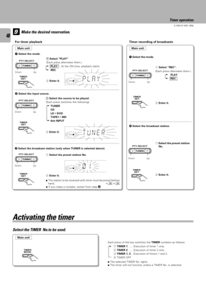 Page 4848
C-V351/C-V301 (EN)
9
TUNING PTY SELECT
TIMER
SET
TIMER
SET
TUNING PTY SELECT
TIMER
SET
TUNING PTY SELECT
TUNING PTY SELECT
TIMER
SET
TUNING PTY SELECT
TIMER
SET
TIMER
MODE
Timer operation
Make the desired reservation.
1 Select the mode.
For timer playback Timer recording of broadcasts
1 11 1
1 Select ÒPLAYÓ
(Each press alternates them.)
PLAY: At the ON time, playback starts.
REC
Down
Up
2 Select the input source.2 Enter it.
Down
Up
1 11 1
1 Select the source to be played.
(Each press switches the...