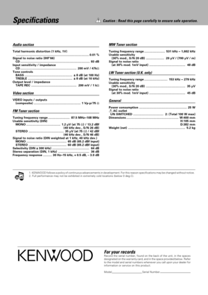 Page 56For your recordsRecord the serial number, found on the back of the unit, in the spaces
designated on the warranty card, and in the space provided below. Refer
to the model and serial numbers whenever you call upon your dealer for
information or service on this product.
Model Serial Number
SpecificationsCaution : Read this page carefully to ensure safe operation.
Audio section
Total harmonic distortion (1 kHz, 1V)
...................................................................................... 0.01...