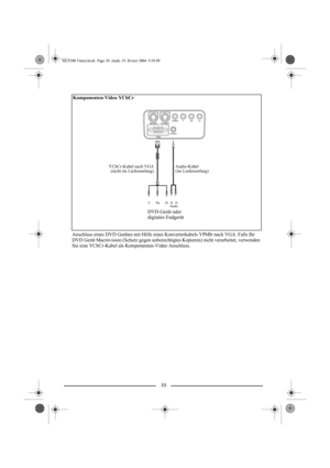 Page 1210
Komponenten-Video YCbCr
YCbCr-Kabel nach VGA
(nicht im Lieferumfang)
DVD-Gerät oder
digitales Endgerät
Audio-Kabel
(im Lieferumfang)
Anschluss eines DVD Gerätes mit Hilfe eines Konverterkabels YPbBr nach VGA. Falls Ihr 
DVD Gerät Macrovision (Schutz gegen unberechtigtes Kopieren) nicht verarbeitet, verwenden 
Sie eine YCbCr-Kabel als Komponenten-Video Anschluss. 
MLP200 Times.book  Page 10  Jeudi, 19. février 2004  9:58 09 