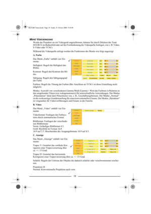 Page 2018
MENÜ VIDEOEINGANG
Wurde der Projektor an ein Videogerät angeschlossen, können Sie durch Drücken der Taste 
SOURCE im Bedienfeld oder auf der Fernbedienung die Videoquelle festlegen, wie z. B. Video, 
S-Video oder YCbCr.
Während die Videoquelle anliegt werden die Funktionen des Menüs wie folgt angezeigt:
A. Farbe
Das Menü „Farbe“ enthält vier Ele-
mente:
Helligkeit: Regelt die Helligkeit des 
Bildes.
Kontrast: Regelt den Kontrast des Bil-
des.
Sättigung: Regelt den Sättigungsgrad 
der Farbe.
Farbton:...