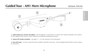 Page 1715
Samson AirLine
1:  Audio-Technica Pro 35X horn microphone- This microphone is “hard-wired” to a Samson AH1 headset transmitter (see #2 below).
See the supplied Audio-Technica owners manual for microphone positioning instructions.
2:  Samson AH1 headset transmitter- See pages 13 - 14 in this manual for more information.
3:  Horn bell clamp- Use this to attach the entire assembly to the bell of your horn.  See the supplied Audio-Technica owners manual
for instructions.
Guided Tour - AH1 Horn Microphone...