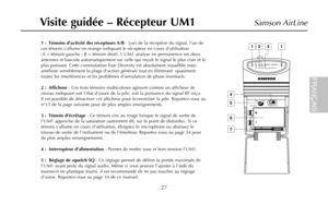 Page 2927
Samson AirLine
1 :  Témoins dactivité des récepteurs A/B- Lors de la réception du signal, lun de
ces témoin sallume en orange indiquant le récepteur en cours dutilisation
(A = témoin gauche ; B = témoin droit). LUM1 analyse en permanence ses deux
antennes et bascule automatiquement sur celle qui reçoit le signal le plus clair et le
plus puissant. Cette commutation True Diversity est absolument inaudible mais
améliore sensiblement la plage daction générale tout en éliminant  quasiment
toutes les...