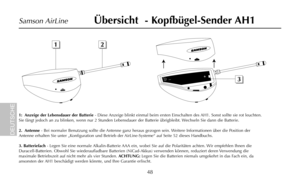 Page 50Übersicht  - Kopfbügel-Sender AH1
48
Samson AirLine
1:  Anzeige der Lebensdauer der Batterie- Diese Anzeige blinkt einmal beim ersten Einschalten des AH1. Sonst sollte sie rot leuchten.
Sie fängt jedoch an zu blinken, wenn nur 2 Stunden Lebensdauer der Batterie übrigbleibt. Wechseln Sie dann die Batterie.
2.  Antenne- Bei normaler Benutzung sollte die Antenne ganz heraus gezogen sein. Weitere Informationen über die Position der
Antenne erhalten Sie unter „Konfiguration und Betrieb der AirLine-Systeme“...