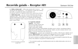 Page 616:  Salida no balanceada*- Utilice este conector de 6.3 mm no       bal-
anceado de alta impedancia (5 - 10 K Ohmnios) cuando esté conectan-
do el AR1 a un aparato de audio no-profesional (-10).
El cableado interno es el siguiente: punta activo, lateral toma de tierra.
7:  Salida balanceada*- Use este conector XLR balanceado de baja
impedancia (600 - 2500 Ohmnios) cuando esté conectando el AR1 a
aparatos profesionales de audio (+4). La distribución del cableado
interno es el siguiente: Punta 1 toma de...