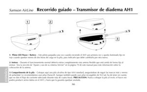 Page 68Recorrido guiado – Transmisor de diadema AH1
66
Samson AirLine
1:  Piloto LED Power / Battery– Este piloto parpadea una vez cuando enciende el AH1 por primera vez y queda iluminado fijo en
rojo cuando quedan menos de dos horas de carga en la pila, para indicarle que debe cambiarla por otra nueva.
2: Antena– Durante el funcionamiento normal debería estirar completamente esta antena flexible que está unida de forma fija al
emisor.  Vea la sección de “Ajuste y uso de su sistema AirLine” en la página 70 de...