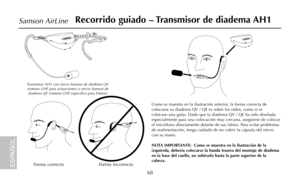 Page 7068
Samson AirLine
AH1
Como se muestra en la ilustración anterior, la forma correcta de
colocarse su diadema QV / QE es sobre los oídos, como si se
colocase una gafas. Dado que la diadema QV / QE ha sido diseñada
especialmente para una colocación muy cercana, asegúrese de colocar
el micrófono directamente delante de sus labios. Para evitar problemas
de realimentación, tenga cuidado de no cubrir la cápsula del micro
con su mano.
NOTA IMPORTANTE:  Como se muestra en la ilustración de la
izquierda, debería...