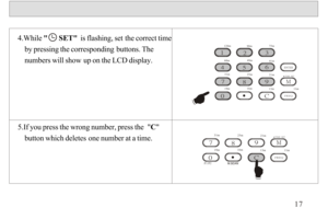 Page 184.While       SET  is flashing, set the correct time 
    by pressing the corresponding buttons. The 
    numbers will show up on the LCD display.
5.If you press the wrong number, press the  C  
    button which deletes one number at a time.17120m90m75m60m49m41m31m25m21m19m16m13m1 2 3 
4 5 6 
7 8 
0C
911mM
FREQ
ENTER
TIME  SETP1/P231m25m21m19m16m13m
7 8 
0C
911mM
FREQ
TIME  SET 