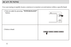 Page 331.Turn on radio by pressing  POWER/SLEEP  
    button. 
2.Select a band.SCAN TUNINGUse scan tuning to rapidly locate a station or to monitor several station within a specific band.32POWER/
   SLEEPAuto tuning systemLWMWSW 