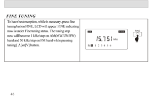 Page 47To have best reception, while is necesary, press fine 
tuning button FINE, LCD will appear FINE indicating 
now is under Fine tuning status. The tuning step 
now will become 1 kHz/step on AM(MW/LW/SW) 
band and 50 kHz/step on FM band while pressing 
tuning []or[V] button.FINE TUNING46SWM123456FINE 