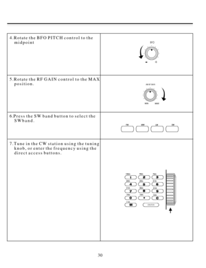 Page 31304.RotatetheBFOPITCHcontroltothe
midpoint
5.RotatetheRFGAINcontroltotheMAX
position.
6.PresstheSWbandbuttontoselectthe
SWband.
7.TuneintheCWstationusingthetuning
knob,orenterthefrequencyusingthe
directaccessbuttons.- 