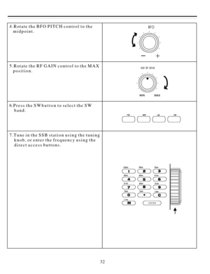 Page 33324.RotatetheBFOPITCHcontroltothe
midpoint.
5.RotatetheRFGAINcontroltotheMAX
position.
6.PresstheSWbuttontoselecttheSW
band.
7.TuneintheSSBstationusingthetuning
knob,orenterthefrequencyusingthe
directaccessbuttons. 