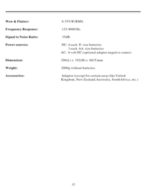 Page 3837Wow&Flutter:
FrequencyResponse:
SignaltoNoiseRatio:
Powersources:
Dimension:
Weight:
Accessories:0.35%W/RMS.
125-8000Hz.
35dB.
DC:4eachDsizebatteries
3eachAAsizebatteries
AC:6voltDC(optionaladapternegativecenter)
296(L)x192(H)x68(T)mm
2000gwithoutbatteries
Adaptor(exceptforcertainareaslikeUnited
Kingdom,NewZealand,Australia,SouthAfrica,etc.) 