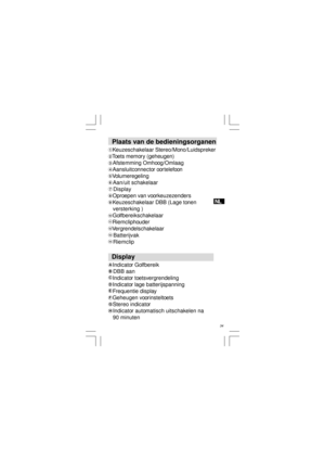 Page 35  34NL   Plaats van de bedieningsorganen
   Keuzeschakelaar Stereo/Mono/Luidspreker
   Toets memory (geheugen)
   Afstemming Omhoog/Omlaag
   Aansluitconnector oortelefoon
   Volumeregeling
   Aan/uit schakelaar
   Display
   Oproepen van voorkeuzezenders
   Keuzeschakelaar DBB (Lage tonen
   versterking )
   Golfbereikschakelaar
   Riemcliphouder
   Vergrendelschakelaar
   Batterijvak
   Riemclip
  Display
   Indicator Golfbereik
   DBB aan
   Indicator toetsvergrendeling
   Indicator lage...