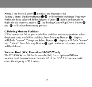 Page 1515Note: If the Select Cursor     points at the frequency the 
Tuning Control Up/Down Button            will continue to change frequency
within the band selected. If the Selector Cursor      points at the position
digits for the memory presets      the Tuning Control Up/Down Button  
and        will select the memory presets.
G.Deleting Memory Positions
If The memory is full or you would like to delete a memoey position select
the preset youy would like to delete.Press Memory Button        , display
will...