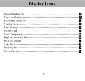 Page 55                        Display Icons
 Band Selected/ PM----------------------------------------------------------
 Timer / (Alarm)--------------------------------------------------------------
 FM Stereo lndicator---------------------------------------------------------
 System Lock----------------------------------------------------------------- Low Battery---------------------------------------------------------------- -
 Standby Set------------------------------------------------------------------...