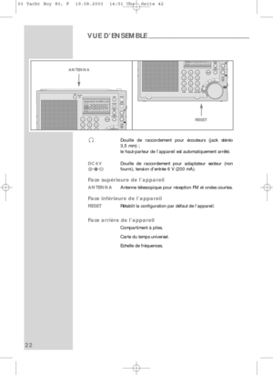 Page 2322
VUE D’ENSEMBLE______________________________
0
Douille de raccordement pour écouteurs (jack stéréo 
3,5 mm) ;
le haut-parleur de l’appareil est automatiquement arrêté.
DC 6VDouille de raccordement pour adaptateur secteur (nonÓfourni), tension d’entrée 6 V (200 mA).
Face supérieure de l’appareil
ANTENNA Antenne télescopique pour réception FM et ondes courtes.
Face inférieure de l’appareil
RESETRétablit la configuration par défaut de l’appareil.
Face arrière de l’appareil
Compartiment à piles.
Carte du...