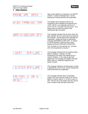 Page 24ANETS I12 Cooking Computer 
ANETS P/N 60149509 
L22-353 Rev 1  Page 24 of 28 
6 Other Displays: 
 
Open probe detection is standard on all ANETS 
controls.  If probe is detected open, normal 
heating and cooking activities are suspended. 
 
This display warns operators that the vat 
temperature has exceeded set temperature by 
+40°F (+22°C), or an absolute maximum of 
410°F (210°C). The alarm will also sound.  This 
display does not show the status of the 
mechanical high limit switch.  
 
This message...