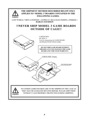 Page 118
“CHECK SIDE” Display
FILTER BOARD CARTON BOX
601-8928 (1)
Used for transporting the GAME BOARD.
{SUPPLIED WITH YOUR GAME}
 DO NOT SHIP GAME BOARD WITHOUT
THIS BOX AS IT MAY DAMAGE THE GAME
BOARD AND VOID YOUR WARRANTY.
!!NEVER SHIP MODEL 3 GAME BOARDS !!NEVER SHIP MODEL 3 GAME BOARDS
OUTSIDE OF CAGE!! OUTSIDE OF CAGE!!
THE SHIPMENT METHOD DESCRIBED BELOW ONLY
APPLIES TO ‘MODEL 3’ BOARDS CONTAINED IN THE
FOLLOWING GAMES:
NO OTHER GAMES BOARDS ARE TO BE SHIPPED IN THE CAGE AS
THEY MAY BE DAMAGED BEYOND...