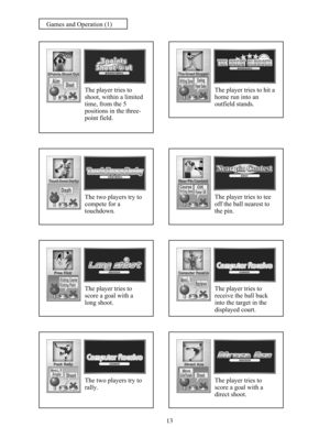 Page 1513
The player tries to
shoot, within a limited
time, from the 5
positions in the three-
point field.The player tries to hit a
home run into an
outfield stands.
The two players try to
compete for a
touchdown.The player tries to tee
off the ball nearest to
the pin.
The player tries to
score a goal with a
long shoot.The player tries to
receive the ball back
into the target in the
displayed court.
The two players try to
rally.The player tries to
score a goal with a
direct shoot.
Games and Operation (1) 
