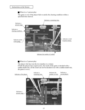 Page 1715
 When in a 1-person play:
The game is over if the player fails to satisfy the clearing condition within a
specified time interval.
 When in a 2-person play:
The player who has won the two matches is a winner.
If both the players have equal scores, the result of the game is decided with a
sudden death rule. (If the result can not be decided even with a sudden death rule,
the game is over.)
 Indicates a
 second player. Indicates a
present stage.
Indicates a
clearing condition.
Indicates points
of the...