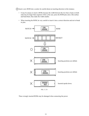 Page 1811
Insert a new ROM into a socket; be careful about an inserting direction in this instance.
• It may be uneasy to insert a ROM, because the width between the two lines of pins on both
ends may be larger than required. If this is the case, press the ROM pins onto a flat surface
and bend them; thus make the width smaller.
• When inserting the ROM, be very careful to insert it into a correct direction and not to break
its pins.
Inserting positions are shifted.
Inserting positions are shifted.
Inserted...