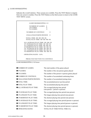 Page 3026www.seuservice.com27www.seuservice.com
g.  GAME BOOKKEEPING
Indicates the overall statistics. Three screens are available. Press the TEST Button to migrate 
from one screen to another. Press the TEST Button on the third screen to return to the GAME 
TEST MENU screen.
GAME BOOKKEEPING (1/4) Screen
NUMBER OF GAMES: The total number of the games played
1P GAMES: The number of the one-person games played
VS GAMES: The number of the person-vs-person games played
NUMBER OF CONTINUE: The number of...
