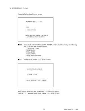 Page 3328www.seuservice.com29www.seuservice.com
h.  BACKUP DATA CLEAR
Clears the backup data from the screen.
   BACKUP DATA CLEAR
   YES
-> NO(CANCEL)
 SELECT WITH SERVICE BUTTON    AND PRESS TEST BUTTON
   BACKUP DATA CLEAR
     COMPLETED
PRESS TEST BUTTON TO EXIT
After clearing the backup data, the COMPLETED message appears. 
Press the TEST Button to return to the GAME TEST MENU screen.
YES:   Opens the BACKUP DATA CLEAR - COMPLETED screen for clearing the following 
data. (The other data are not cleared.)...