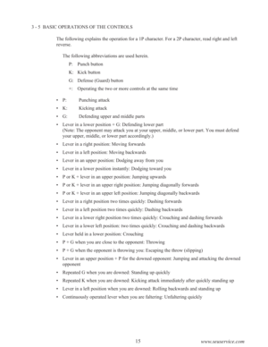 Page 1715
www.seuservice.com
3 - 5  BASIC OPERATIONS OF THE CONTROLS
The following explains the operation for a 1P character. For a 2P character, read right and left
reverse.
The following abbreviations are used herein.
P: Punch button
K: Kick button
G: Defense (Guard) button
+: Operating the two or more controls at the same time
•P:Punching attack
•K:Kicking attack
•G:Defending upper and middle parts
•Lever in a lower position + G: Defending lower part
(Note: The opponent may attack you at your upper, middle,...
