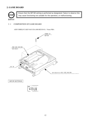 Page 1412
DIP SW SETTINGS
ASSY SHIELD CASE NAO USA (840-0021D-01) : Virtua NBAEnsure that the DIP SW setting is performed as designated. Failure to observe this
may cause functioning not suitable for the operation, or malfunctioning.
2. GAME BOARD
2 -1 COMPOSITION OF GAME BOARD       