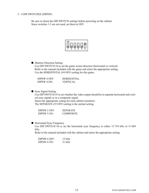 Page 1712www.seuservice.com13www.seuservice.com
2 - 4 DIP SWITCHES (DIPSW)
Be sure to check the DIP SWITCH settings before powering on the cabinet.
Since switches 1-3 are not used, set them to OFF.
 Monitor Direction Setting
    Use DIP SWITCH #4 to set the game screen direction (horizontal or vertical).
    Refer to the manual included with the game and select the appropriate setting.
    Use the HORIZONTAL (#4 OFF) setting for this game.
        DIPSW 4 OFF:            HORIZONTAL
        DIPSW 4 ON:...