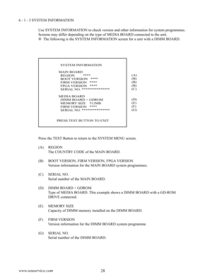 Page 3228www.seuservice.com29www.seuservice.com
6 - 1 - 3 SYSTEM INFORMATION
Use SYSTEM INFORMATION to check version and other information for system programmes.
Screens may differ depending on the type of MEDIA BOARD connected to the unit.
 The following is the SYSTEM INFORMATION screen for a unit with a DIMM BOARD.
    SYSTEM INFORMATION
  MAIN BOARD    REGION         ****    BOOT VERSION   ****    FIRM VERSION   ****    FPGA VERSION   ****    SERIAL NO. ***************
  MEDIA BOARD    DIMM BOARD + GDROM...