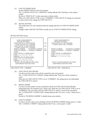 Page 3934www.seuservice.com35www.seuservice.com
(C)    COIN TO CREDIT RATE
         Set the CREDIT RATE for each coin inserted.
         The "x COIN(S) COUNT AS x CREDIT(S)" setting indicates that "Inserting x coins equals y 
credits".
         Set this to "FREE PLAY" to allow game play without credits.
         When (A) COIN CHUTE TYPE is set to "COMMON", COIN CHUTE #2 settings are restricted 
to some extent by the settings for COIN CHUTE #1.
(D)    DETAIL SETTING
         This...