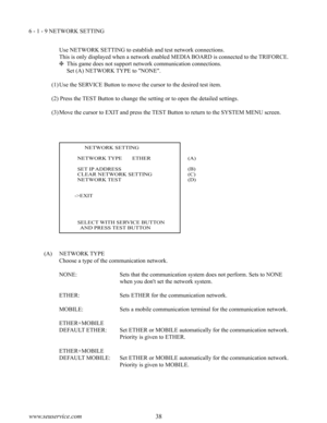 Page 4238www.seuservice.com39www.seuservice.com
6 - 1 - 9 NETWORK SETTING
Use NETWORK SETTING to establish and test network connections.
This is only displayed when a network enabled MEDIA BOARD is connected to the TRIFORCE.
 This game does not support network communication connections.
    Set (A) NETWORK TYPE to "NONE".
(1)Use the SERVICE Button to move the cursor to the desired test item.
(2) Press the TEST Button to change the setting or to open the detailed settings.
(3)Move the cursor to EXIT and...