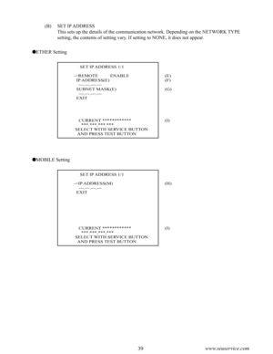 Page 4338www.seuservice.com39www.seuservice.com
(B)    SET IP ADDRESS
         This sets up the details of the communication network. Depending on the NETWORK TYPE 
setting, the contents of setting vary. If setting to NONE, it does not appear.
ETHER Setting
MOBILE Setting
     SET IP ADDRESS 1/1
->REMOTE          ENABLE  IP ADDRESS(E)    ---.---.---.---  SUBNET MASK(E)    ---.---.---.---  EXIT
    CURRENT ************      ***.***.***.*** SELECT WITH SERVICE BUTTON   AND PRESS TEST BUTTON
     SET IP ADDRESS...