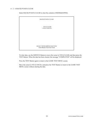 Page 5752www.seuservice.com53www.seuservice.com
6 - 2 - 6 BACKUP DATA CLEAR
BACKUP DATA CLEAR
    YES (CLEAR) NO (CANCEL)
SELECT WITH SERVICE BUTTONAND PRESS TEST BUTTON
Select BACKUP DATA CLEAR to clear the contents of BOOKKEEPING.
To clear data, use the SERVICE Button to move the cursor to YES (CLEAR) and then press the 
TEST Button. When the data has been cleared, the message "COMPLETED" will be displayed.
Press the TEST Button again to return to the GAME TEST MENU screen.
Move the cursor to NO...