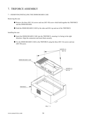 Page 5854www.seuservice.com55www.seuservice.com
7.  TRIFORCE ASSEMBLY
7 - 1 REMOVING/INSTALLING THE DIMM BOARD CASE
Removing the case
 Remove the three (M3×16) screws and one (M3×50) screw which hold together the TRIFORCE 
and the DIMM BOARD.
 Hold the DIMM BOARD CASE by the sides and lift it up and out of the TRIFORCE.
Installing the case
 Insert the DIMM BOARD CASE into the TRIFORCE, ensuring it is facing in the right 
direction. Align the connectors and insert them securely.
 Fix the DIMM BOARD CASE to...