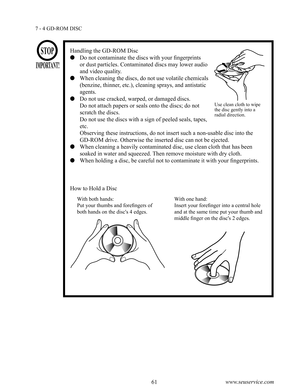 Page 6560www.seuservice.com61www.seuservice.com
Handling the GD-ROM Disc
   Do not contaminate the discs with your fingerprints 
or dust particles. Contaminated discs may lower audio 
and video quality.
   When cleaning the discs, do not use volatile chemicals 
(benzine, thinner, etc.), cleaning sprays, and antistatic 
agents.
   Do not use cracked, warped, or damaged discs.
      Do not attach papers or seals onto the discs; do not 
scratch the discs.
      Do not use the discs with a sign of peeled seals,...