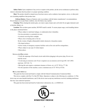 Page 63 Safety Check: Upon completion of any service or repairs to this product, ask the service technician to perform safety
checks to determine that the product is in proper operating condition.
Heat: The product should be situated away from heat sources such as radiators, heat registers, stoves, or other prod-
ucts (including amplifiers) that produce heat.
Lithium Battery- Dispose of batteries only in accordance with the battery manufacturer’s recommendations.
Do not dispose in an open flame condition,...