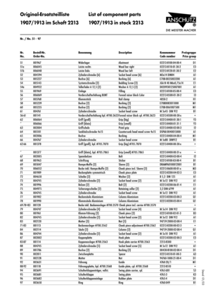 Page 24Stand  01/03
Nr. Bestell-Nr. Benennung Description Kennnummer Preisgruppe
No. Order-No. Code number Price group Nr. / No. 51 -  97
Original-ErsatzteillisteÊ List of component parts
1907/1913 im Schaft 2213 1907/1913 in stock 2213
51 001967 Widerlager Abutment 02213-8100-04-00-4 D1
51a 006045 Leiste rechts Wood bar right 02213-8110-01-30-2 E3
51b 006048 Leiste links Wood bar left 02213-8120-01-30-2 E2
52 004594 Zylinderschraube (6) Socket head screw (6) M3x14 DIN84 A1
53 005227 Buchse (6) Bushing (6)...