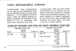 Page 23color photography indoors
FLOoDLAMPS Color transParencies
can be made by the illumination from
two #2 photoflood lamps in good metal
reflectors - or two Reflector Flood #2
lamps. Using the lishtins diagram on
page 15, exposures can be made atl/25t}r
second at f /3.5, or equivalent with
Ansco Color Tungsten TYPe Film.
FTASHLAMP EXPOSURE TABTE WITH
FLASHLAMPS With the Ansco Xlash
Unit attached to your camera you can
lighten those deep shadows in outdoor
pictures and take indoor snapshots. The
guide numbers...