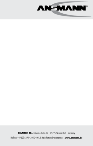 Page 56   
a\bSma\b\b ag . Inηfiustriestraße 10 . D-97959 Assamstaηfit . Germany
Hotline: +49 (0) 6294 4204 3400 . E-mail: hotline@ansmann.ηfie . www.ansmann.de 