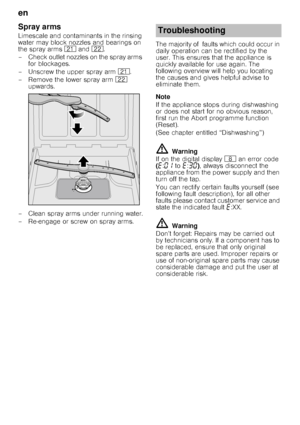 Page 16en 
16
Spray arms 
Limescale and contaminants in the rinsing  
water may block nozzles and bearings on 
the spray arms 
1* and  12.
– Check outlet nozzles on the spray arms  for blockages.
– Unscrew the upper spray arm  1*.
– Remove the lower spray arm  12 
upwards.
– Clean spray arms under running water. 
– Re-engage or screw on spray arms. The majority of   faults which could occur in  
daily operation can be rectified by the 
user. This ensures that the appliance is 
quickly available for use again....