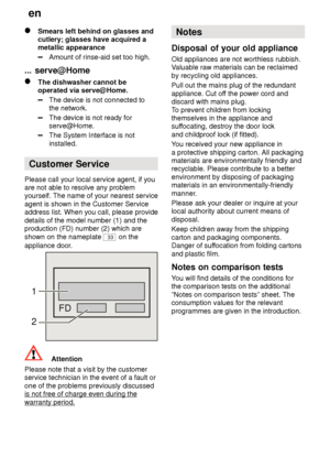 Page 30en
30
Smears left behind on glasses and cutlery; glasses have acquired ametallic appearance
Amount of rinse-aid set too high.
...  serve@Home
The  dishwasher cannot be
operated via serve@Home.
The device is not connected to the network.
The device is not ready for serve@Home.
The System Interface is not installed.
Customer  Service
Please  call your local service agent, if you
are not able to resolve any problem yourself. The name of your nearest service agent is shown in the Customer Service address...